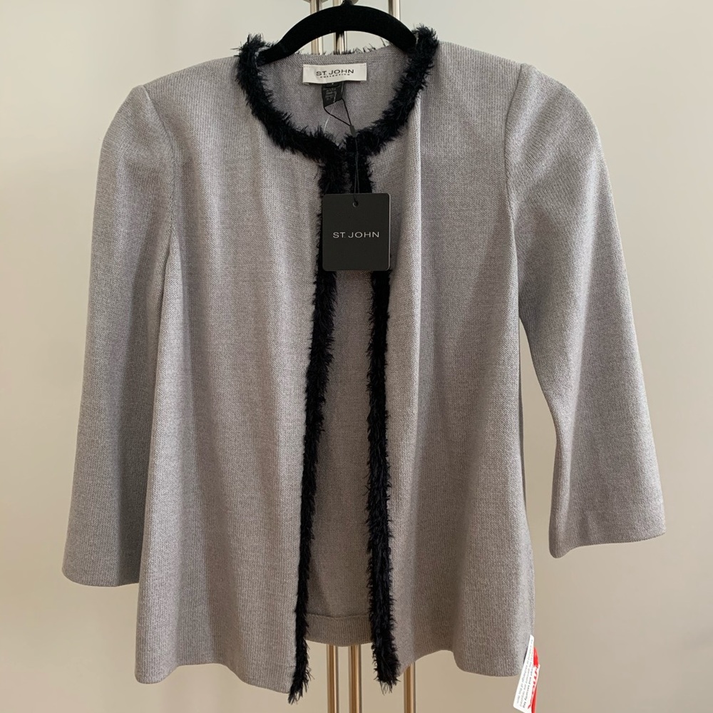 St. John Fuzzy Trim Wool Blend Cardigan NWT